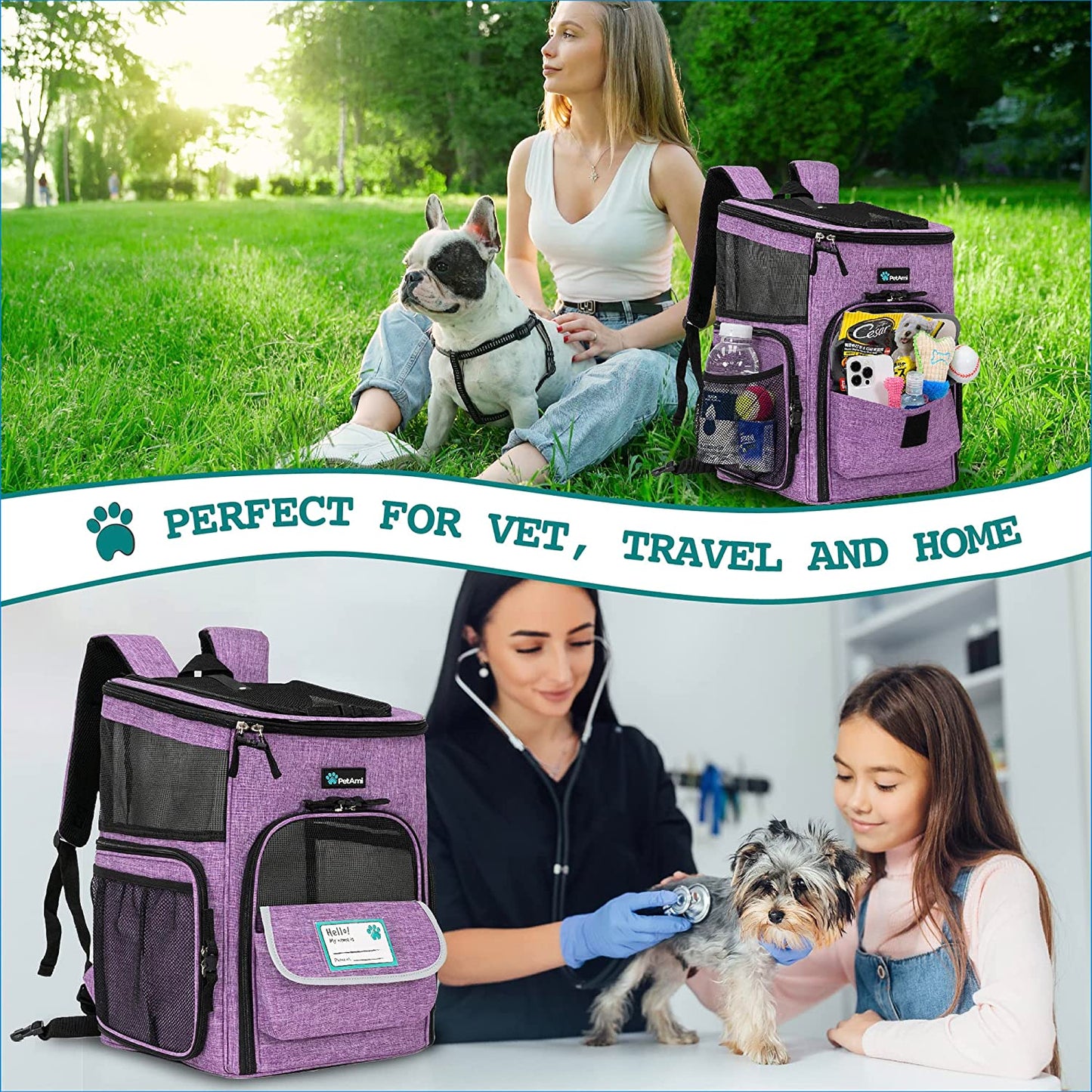 Airline Approved Dog & Cat Backpack Carrier - Comfortable, Ventilated Pet Backpack for Travel, Hiking & Camping - Holds Pets up to 18 lbs - Stylish Purple Design