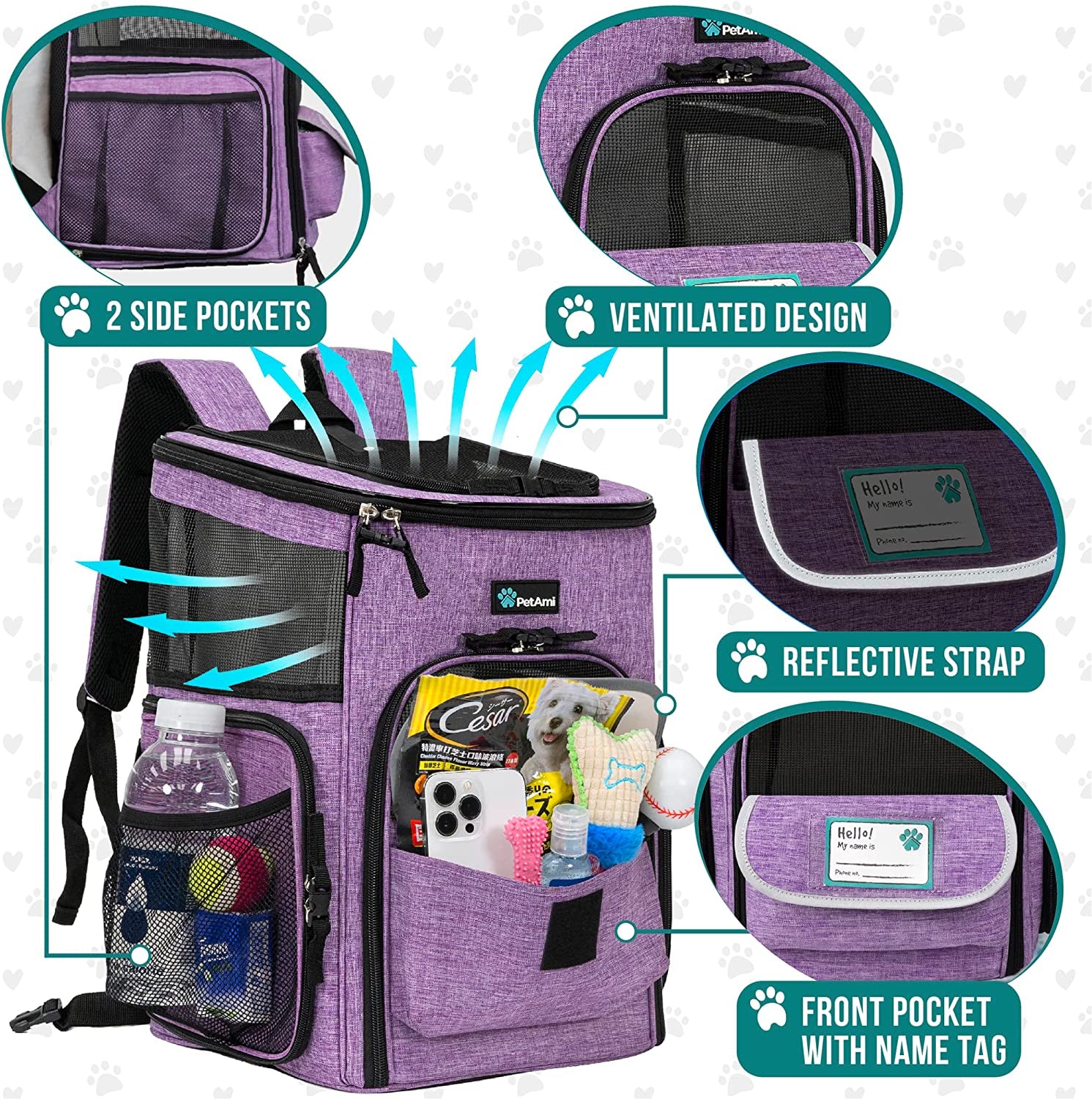 Airline Approved Dog & Cat Backpack Carrier - Comfortable, Ventilated Pet Backpack for Travel, Hiking & Camping - Holds Pets up to 18 lbs - Stylish Purple Design