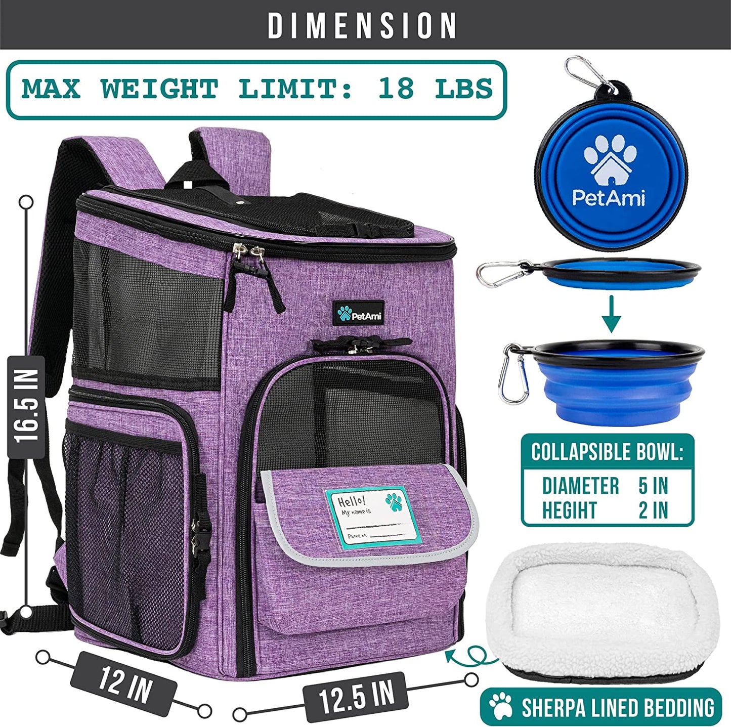 Airline Approved Dog & Cat Backpack Carrier - Comfortable, Ventilated Pet Backpack for Travel, Hiking & Camping - Holds Pets up to 18 lbs - Stylish Purple Design