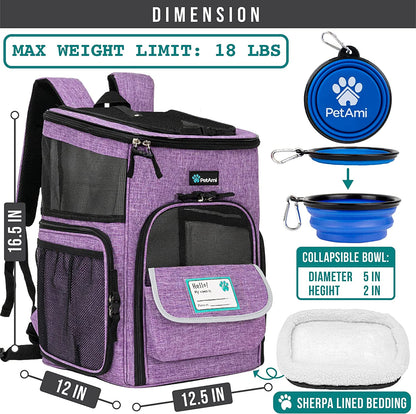 Airline Approved Dog & Cat Backpack Carrier - Comfortable, Ventilated Pet Backpack for Travel, Hiking & Camping - Holds Pets up to 18 lbs - Stylish Purple Design