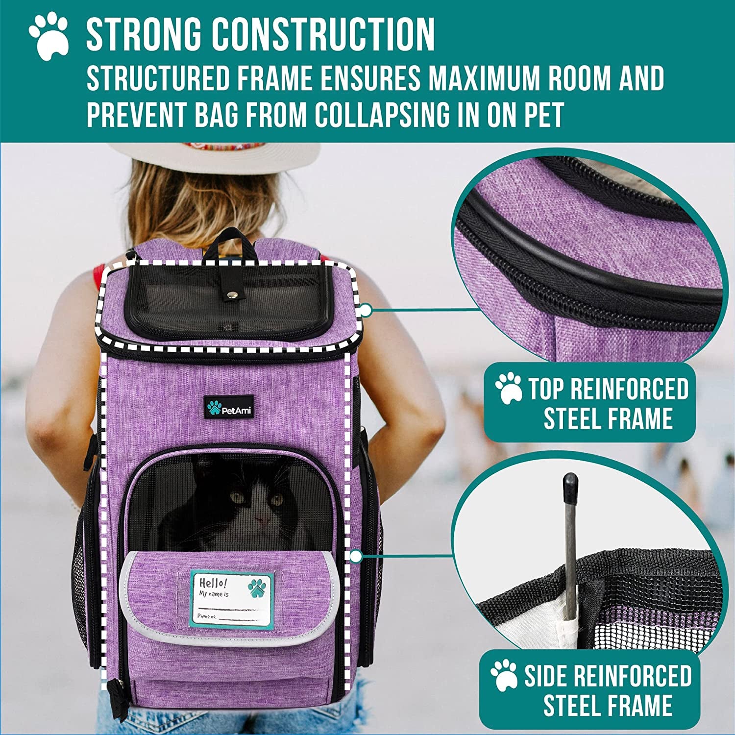 Airline Approved Dog & Cat Backpack Carrier - Comfortable, Ventilated Pet Backpack for Travel, Hiking & Camping - Holds Pets up to 18 lbs - Stylish Purple Design