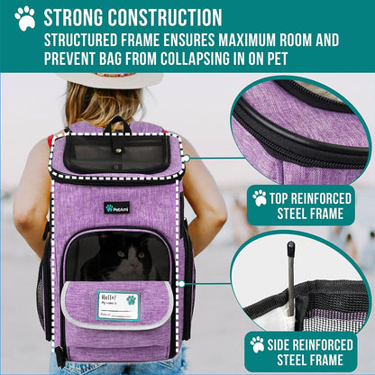 Airline Approved Dog & Cat Backpack Carrier - Comfortable, Ventilated Pet Backpack for Travel, Hiking & Camping - Holds Pets up to 18 lbs - Stylish Purple Design