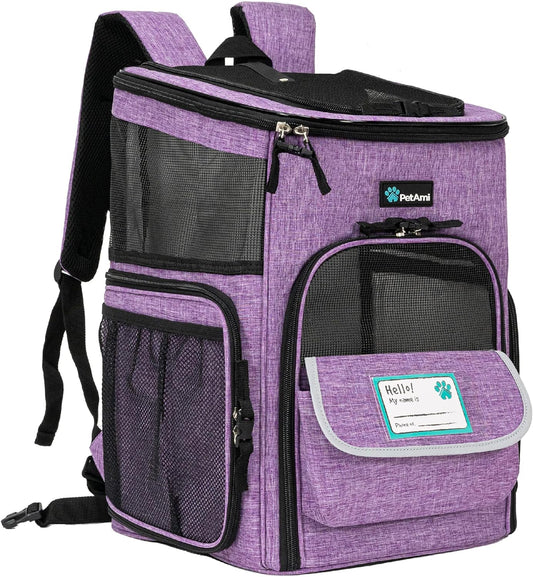 Airline Approved Dog & Cat Backpack Carrier - Comfortable, Ventilated Pet Backpack for Travel, Hiking & Camping - Holds Pets up to 18 lbs - Stylish Purple Design