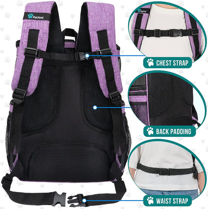 Airline Approved Dog & Cat Backpack Carrier - Comfortable, Ventilated Pet Backpack for Travel, Hiking & Camping - Holds Pets up to 18 lbs - Stylish Purple Design