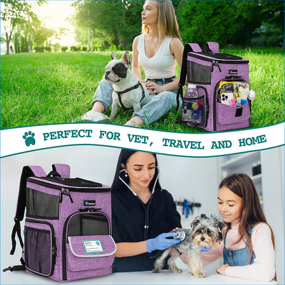 Airline Approved Dog & Cat Backpack Carrier - Comfortable, Ventilated Pet Backpack for Travel, Hiking & Camping - Holds Pets up to 18 lbs - Stylish Purple Design