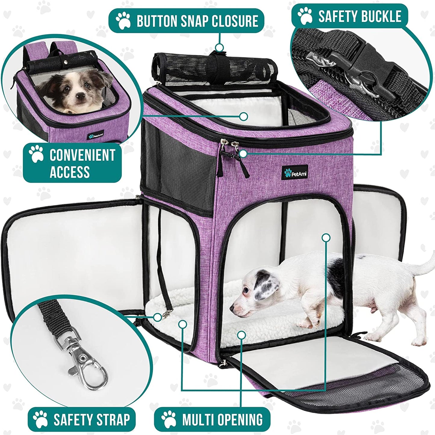 Airline Approved Dog & Cat Backpack Carrier - Comfortable, Ventilated Pet Backpack for Travel, Hiking & Camping - Holds Pets up to 18 lbs - Stylish Purple Design