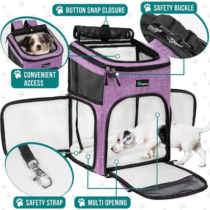 Airline Approved Dog & Cat Backpack Carrier - Comfortable, Ventilated Pet Backpack for Travel, Hiking & Camping - Holds Pets up to 18 lbs - Stylish Purple Design